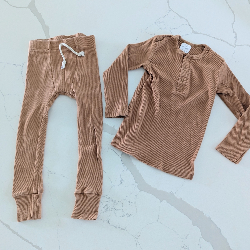 Mebie Baby Camel Tan Long Sleeve Henley and Pants Set 3T